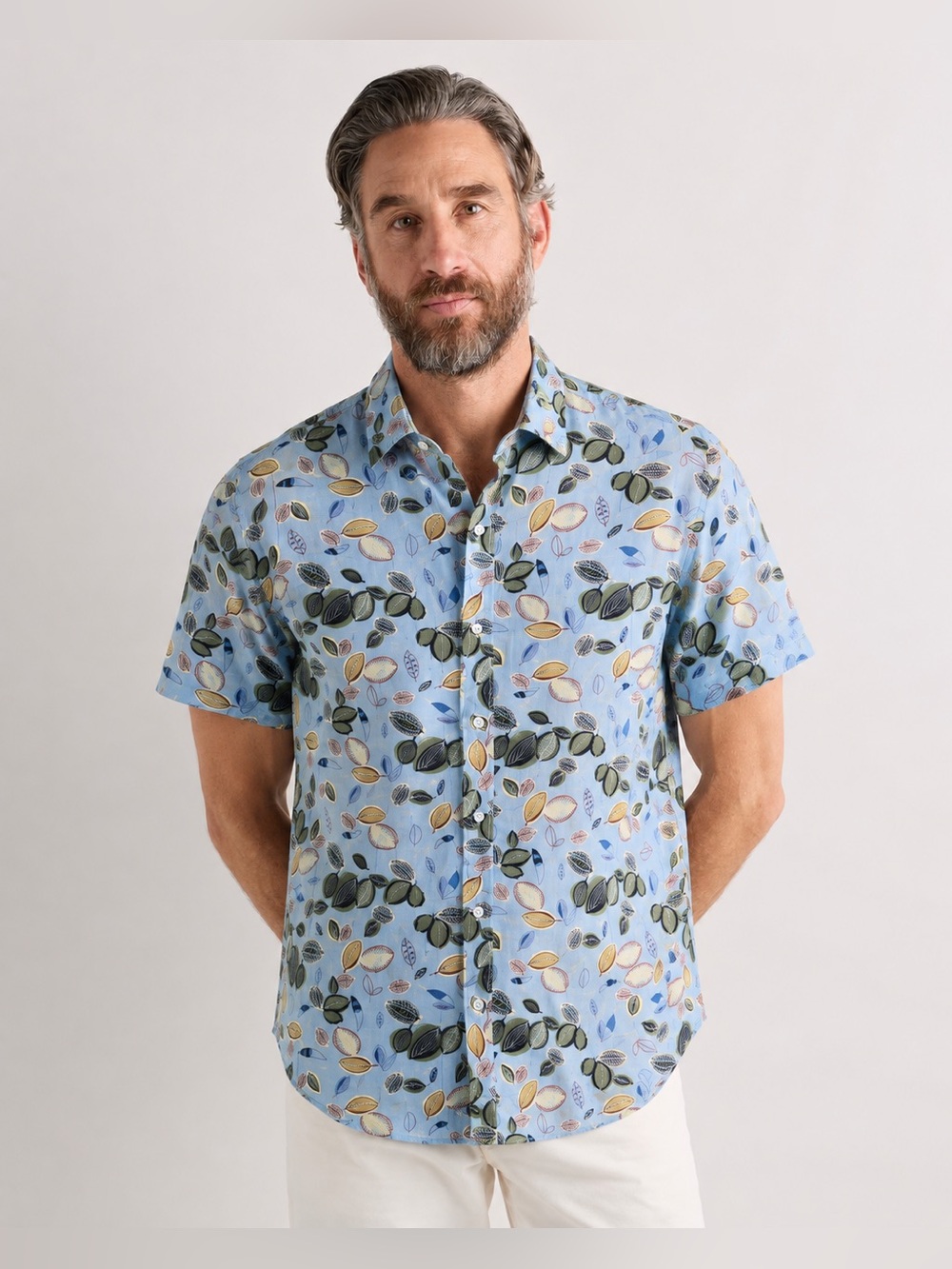 Postmarc Cotton Silk Floral Light Blue Short Sleeve Shirt Button Up Woven 756